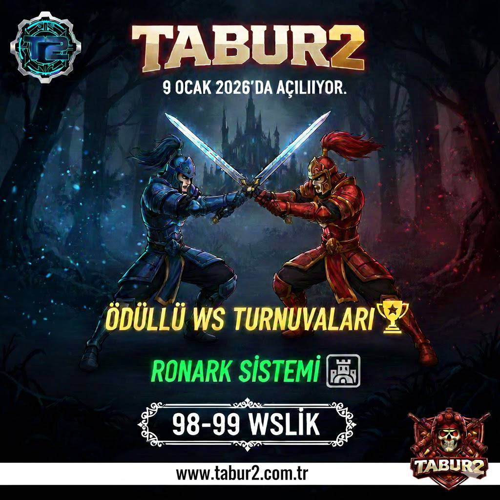 Tabur2 - 98-99 Wslik Pvp Server | 9 Ocak 2026 Açılıyor - Metin2 Özel Sunucu Tabur2 - 98-99 Wslik Pvp Server | 9 Ocak 2026 Açılıyor - Metin2 PVP Sunucu Bannerı