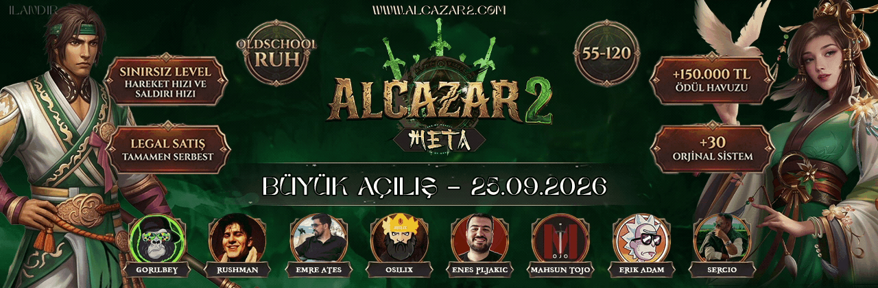 Alcazar2 META 55/Sınırsız Level Sezon 2 – Sınırsız Hasar/Hız + Kalıcı 2 Aylık Battle Pass + 150.000 TL Metin Hasar Sıralaması + Sınırsız Simya +100 + 5.000 Emiş Aura & Kuşak ile Metin2 PvP Server - Metin2 PVP Sunucu Bannerı