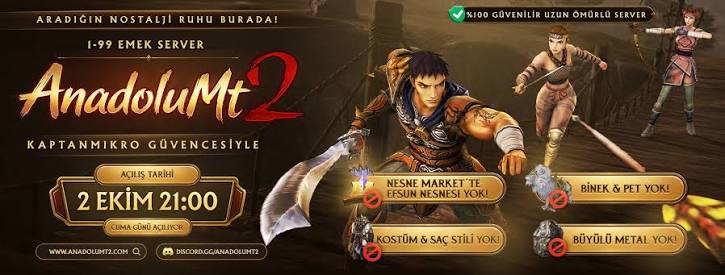 AnadoluMt2 1-99 Emek Server – +75 Seviye Sınırı + Eski Oyun Yapısı Pet/Kostüm/Başlık/Yüzük/Lycan/Kuşak/Aura YOK - Metin2 PVP Sunucu Bannerı