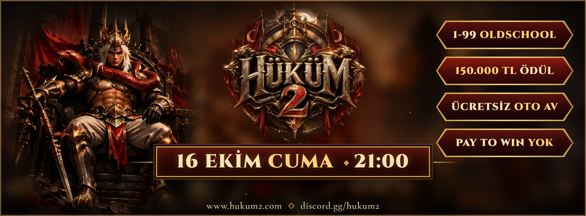 Hüküm MT2 | 1-99 Orta Emek · 150K TL · 7/24 · Oto Av - Metin2 PVP Sunucu Bannerı